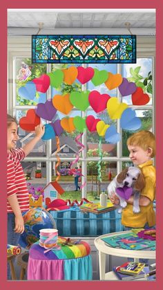 two children are playing with balloons in the room