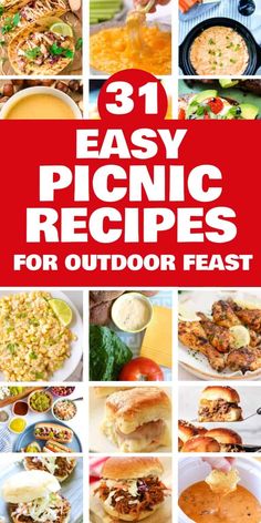 the cover of 31 easy picnic recipes for outdoor feasts, including sandwiches and sides