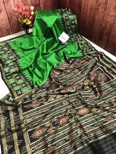 Goblin Green Color Sambalpuri Silk Saree Color Fabric, Silk Saree, Green Color, Fabric Color, Green Colors, Silk Sarees, Folk Art, White And Black