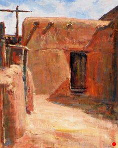 an oil painting of a building with a cross on the roof and door to another building