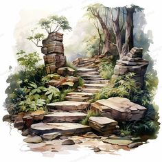 watercolor painting of stone steps in the woods