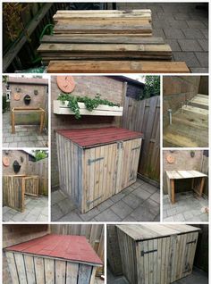 several pictures of different types of outdoor furniture made out of pallets and wooden planks