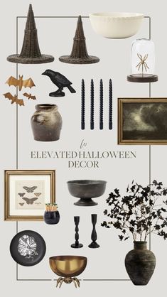 an assortment of halloween decorations including witches, bats and pumpkins with text that reads elevated halloween decor