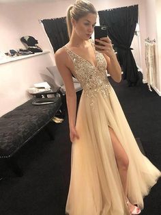 Embellished Tulle V-neck Gown, Gold Tulle Evening Dress For Prom, Embellished Tulle Gown With V-neck, Gold V-neck Gown For Prom, Gold V-neck Evening Dress For Prom, Yellow V-neck Party Gown, Yellow V-neck Wedding Gown, Gold Embellished V-neck Gown, Side Split Prom Dress