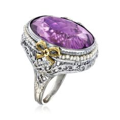 Ross-Simons - C. 1950 Vintage 10.50ct Amethyst, Seed Pearl Filigree Bow Ring Size 5. C. 1950. Presented by our Estate collection, this sumptuous Retro-era ring commands the attention of others with a sizable 10.50 carat amethyst, and keeps them engaged with intricate, supplementary detailing. Features a roped edge, shiny halo of pretty seed pearls and 14kt yellow gold filigree bows, completing the design with charm. Crafted in 14kt white gold. 7/8" wide. Seed pearl and amethyst filigree bow ring Vintage Oval Gemstones For Wedding, Estate Style Collectible Gemstone Jewelry, Oval Vintage Gemstones For Wedding, Vintage Hallmarked Gemstones For Anniversary, Vintage Purple Amethyst Ring For Anniversary, Vintage Oval Amethyst Ring For Wedding, Vintage Oval Amethyst Wedding Ring, Formal Vintage Amethyst Ring, Estate Silver Oval Jewelry