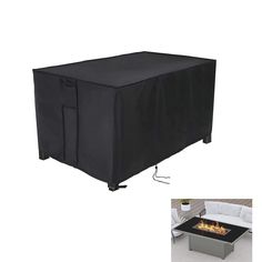 an outdoor fire pit cover on top of a white couch with a black table underneath it