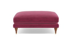 a pink ottoman with wooden legs on a white background