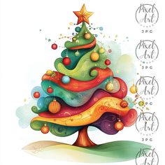 a colorful christmas tree with stars and ornaments on it's top, in front of a white background