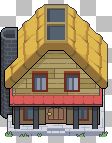 a pixellated image of a house with a thatched roof