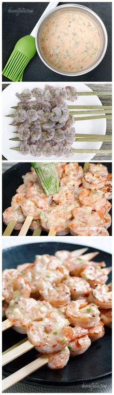 shrimp skewers are being cooked in a pan and then served with dipping sauce