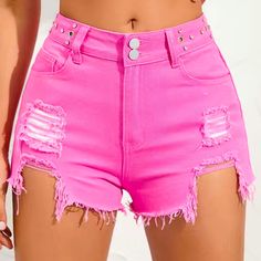 Barbiecore Distressed Pink High Waist Ripped Bottoms, Trendy Ripped Pink Bottoms, High Waist Ripped Pink Bottoms, Edgy Pink Cotton Bottoms, Pink Distressed Summer Jeans, Summer Distressed Pink Jeans, Casual Pink Ripped Bottoms, Pink Distressed Jeans For Summer, Summer Pink Distressed Jeans