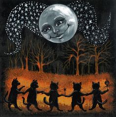 three cats are dancing in front of the moon