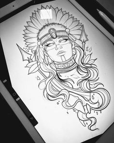 a pencil drawing of a native american woman's headdress and sunflowers