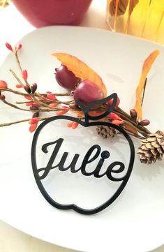 a white plate topped with an apple cut out of the shape of a name on it