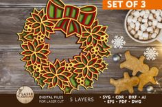 a christmas wreath cutout and other holiday decorations on a wooden background with text that reads set of 3