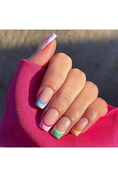 Short Press on Nails Rainbow French Tip Wearing Fake Nails Glossy Nude with Five Color French Designs Artificial Acrylic Nails Fashion&amp;Minimalist Glue on Nails for Women Girls Summer French Tip Nails Square Short, Fun Spring Nails Square, Short Square Acrylic Nails Summer Pink, Fun Summer Nails 2023, Summer Nails Square Long, Colorful French Tip Nails Square, Colorful French Tip Nails, Unghie Sfumate, Cute Nails For Fall