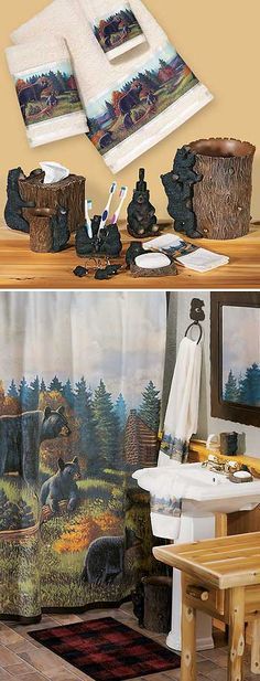 the bathroom is decorated in rustic style and features bear themed shower curtain, toilet paper roll holders, and rugs