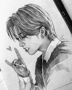 a pencil drawing of a boy holding his finger up to the side and looking at something