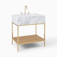 a white marble sink and wooden shelf with gold faucet on it, against a white background