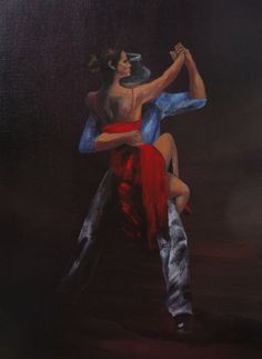 a painting of two people dancing together in the middle of a dark room with black walls