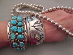 "14 large genuine Sleeping Beauty Turquoise stones ...WOW!! This is certainly museum worthy, an artistic masterpiece in solid sterling silver. Navajo old pawn, made in the 70's, signed EJ, and in pristine condition. It just doesn't get much nicer than this folks! This monster piece is 1 5/8\" wide, weighs an astounding 101.2gms., is 5 15/16\" around the inside PLUS a 1 3/8\" gap. This is meant for a larger wrist, and perfect for most guys! The turquoise is of a deep sky blue with some blackish m American Indian Jewelry, Jewelry Turquoise, Palm Beach Fl, Turquoise Cuff, Sterling Silver Cuff Bracelet, Sleeping Beauty Turquoise, Turquoise Stones, Genuine Turquoise, Sterling Silver Cuff