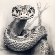 a pencil drawing of a snake with its head turned to the side and it's mouth open