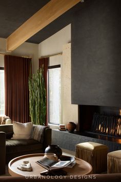 a living room filled with furniture and a fire place next to a window covered in curtains