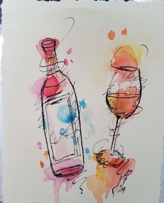 a watercolor drawing of two wine glasses and a bottle