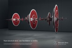 an advertisement for mercedes benz shows three red and white bulls with the words gives an acoustic warning against wrong way driving