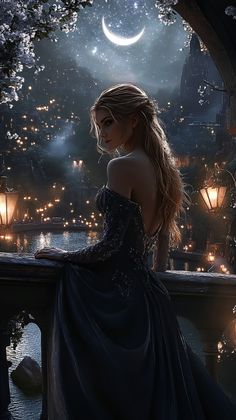 a woman in a blue dress is looking at the stars and moon above her head