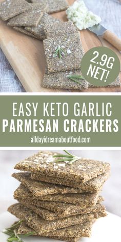 easy keto garlic parmesan crackers on a cutting board with text overlay