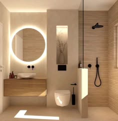 a modern bathroom with round mirrors above the sink and toilet, along with a walk in shower