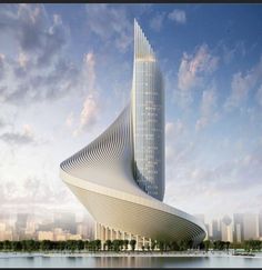 an artistic rendering of a futuristic building on the water