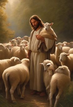 a painting of jesus holding a lamb in front of a herd of sheep on a path