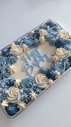 a blue and white birthday cake with frosting