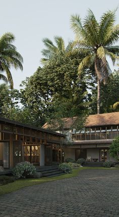 an artist's rendering of a house with palm trees in the background