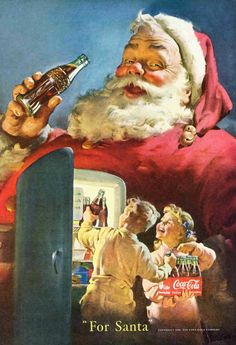 an advertisement for coca cola featuring santa holding a beer bottle and looking at his cell phone