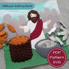 an image of jesus in the wilderness with crochet and felt work on it