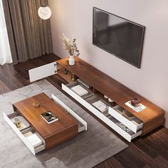 a living room with two tables and a flat screen tv on top of the wall