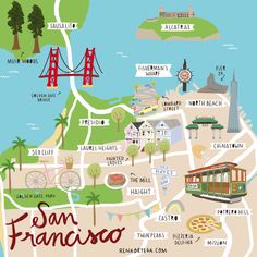 an illustrated map of san francisco with the golden gate bridge in the distance and other attractions