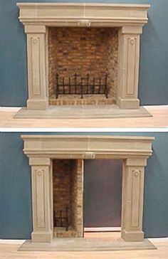 two pictures of a fake fireplace in the middle of a room with blue walls and white trim