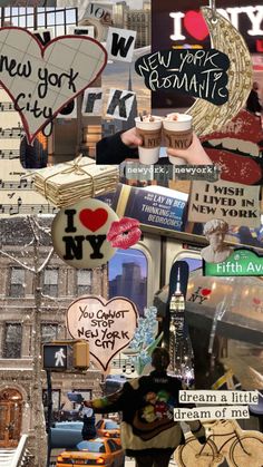 a collage of photos with various signs and words on them, including the word i love new york