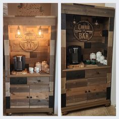 two pictures of a coffee bar made out of pallet wood and some sort of cabinet