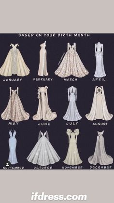 an image of dresses that are in the style of princesses and their names on them