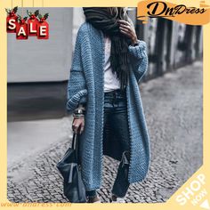 Autumn and Winter Women Loose Casual Solid Color Long Sleeve Knitted Sweater Coat Mode Tips, Knit Sweater Coat, Long Knit Sweater, Pullover Mode, Gilet Long, Cardigan Casual, Maxi Cardigan, Long Sleeve Knitted Cardigan, Women Sweaters Winter