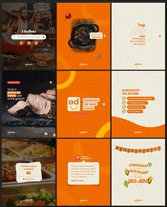 an orange and white website design with food items on the front, side, and back