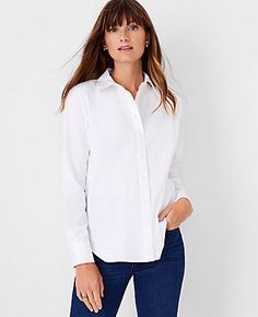 Elevate your wardrobe with the timeless elegance of the Ann Taylor Relaxed Perfect Shirt. This quintessential piece combines comfort and style, featuring a relaxed fit that flatters effortlessly. Ideal for both professional settings and casual outings, this shirt is a versatile must-have for any fashion-conscious woman.

- Size: 2XS
- Color: White
- Gender: Female
- Material: 79% Cotton, 18% Nylon, 3% Spandex
- Fit: Relaxed
- Length: 27 3/4" front length; 27" back length
- Features: Point collar White Long Sleeve Shirt Outfit Casual, Classic Button-up Shirt With Back Button Closure, Classic Tops With Back Button Closure, White Long Sleeve Shirt Outfit, Long Sleeve Shirt Outfits, Ann Taylor Petite, Knitted Suit, Taylor White, White Button Down Shirt