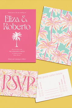 wedding stationery with palm trees and monogrammed names on them, including the rsvp