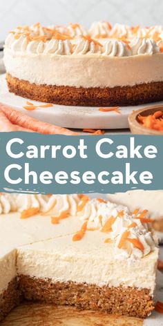 carrot cake cheesecake with white frosting and orange zest sprinkles