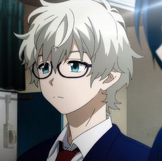 an anime character wearing glasses and a suit in front of a refrigerator with the door open